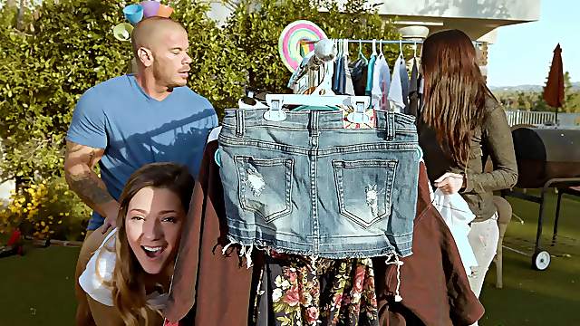 Cute brunette wants to feel a massive dick during a garage sale