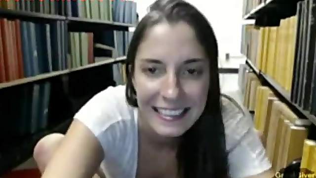 Hot Brunette Dildos Pussy In Library
