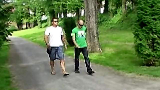 Hardcore gay sex session with a handsome man in a forest