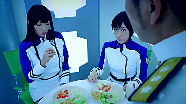 Japanese kinky babes make a guy's dick stiff with their lips