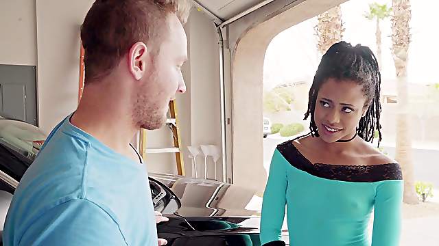 Ebony hottie Kira Noir sucks a dick in the car and fucks in her house