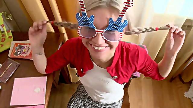 Emily is a babe in cute stockings riding a massive love toy