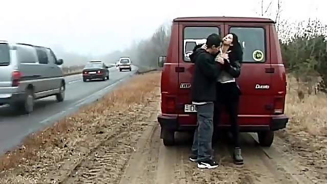 horny amateur couple fucks on public street in front of massive traffic