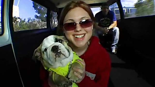 Cute redhead slut Ashley gives a nasty car blowjob