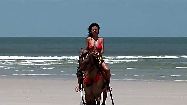 Horny brunette girl gets pounded roughly by two guys outdoors