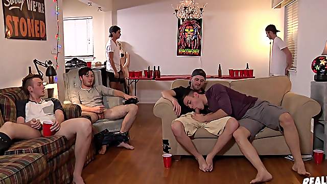 POV hardcore gay orgy party with horny teen guys at a frat house
