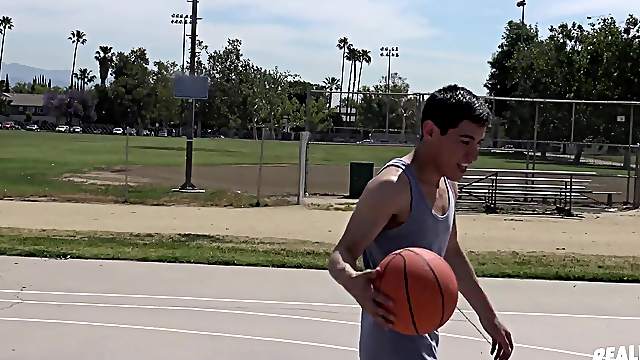Sporty Latino gay guy pounded after shooting hoops