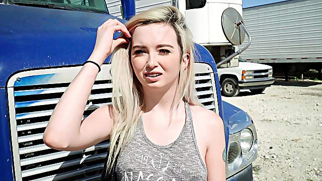 Blonde teen Lexi Lore sucks a fat cock on a truck stop and eats cum