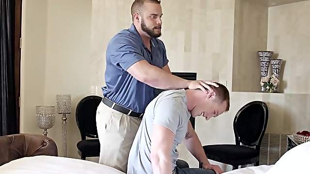 Bearded gay dude sucks and rides a skinny guy's big dick