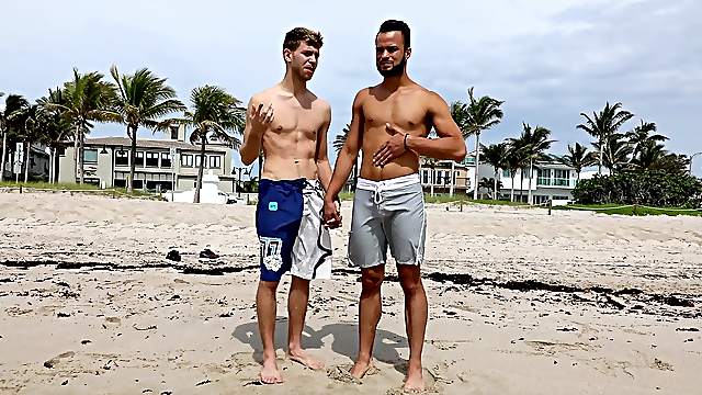Tanned Latino teen gay dude sprayed with cum after a day on the beach