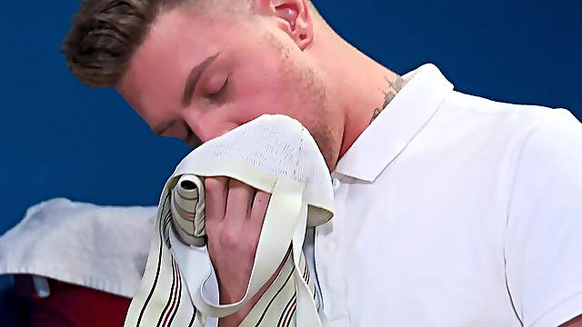 Rough doggy style and deepthroat for a gay dude in the locker room