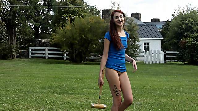 Solo brunette teen model Courtney strips and plays with toys