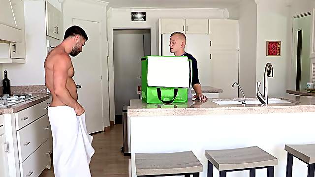 Blonde teen gay dude sucks cock in the kitchen and opens wide for cum