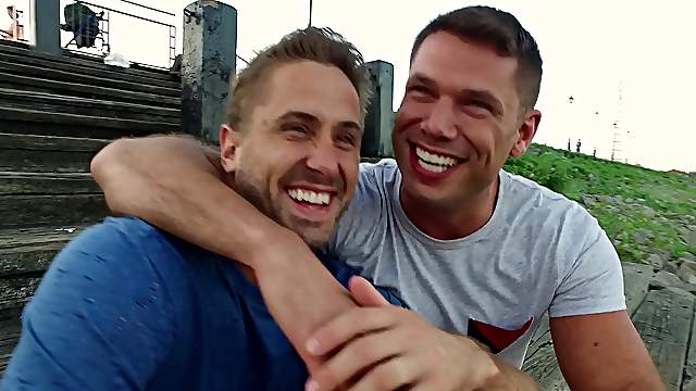 Blonde blue eyed gay dude swallows his boyfriends cum on a vacation