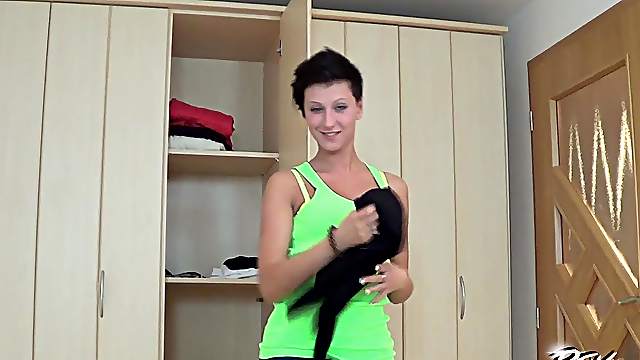 Short haired brunette teen babe Emylia Argan gets her pussy cream pied