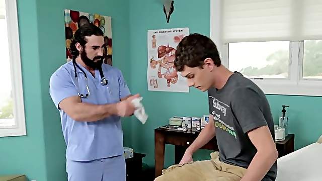 Gay doctor and his male nurse pound a white teen guys ass