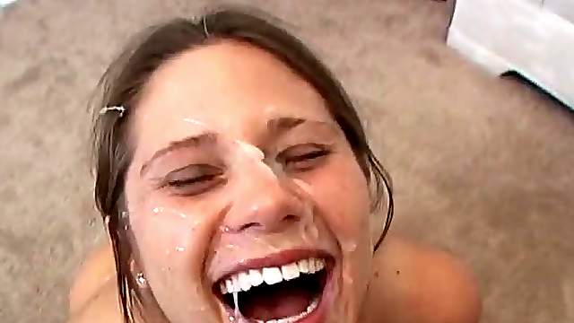 Brown-haired teen Makenzie Wilson blows and enjoys lots of cum on her face