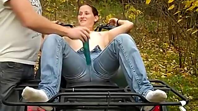 Brunette teen gets her pussy toyed with and fucked outdoors