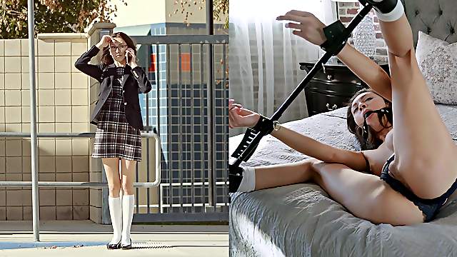 Kinky teen Kara Faux tied up at home until her fucker comes