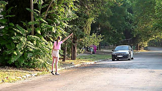 Teen in a miniskirt Vika Lita picked up and fucked in the forest