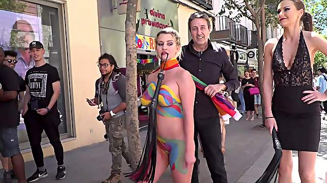 Buxom Tina Kay in a public humiliation session with Sienna Day