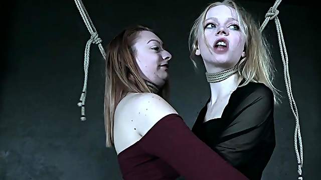 Pretty amateur blonde babe Alice tied up with her friend