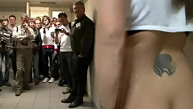 Busty babe Dominno fucks Kamil Klein in the public bathroom
