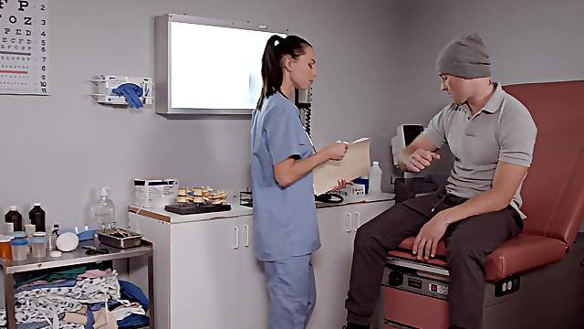 Brunette nurse Aidra Fox rides a long shaft of her patient