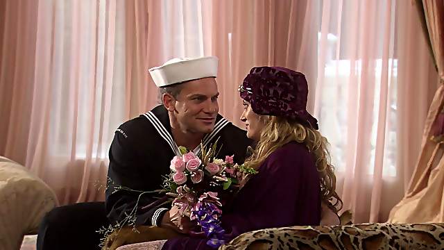 Blonde wife Monica Mayhem fucked by her navy husband in uniform