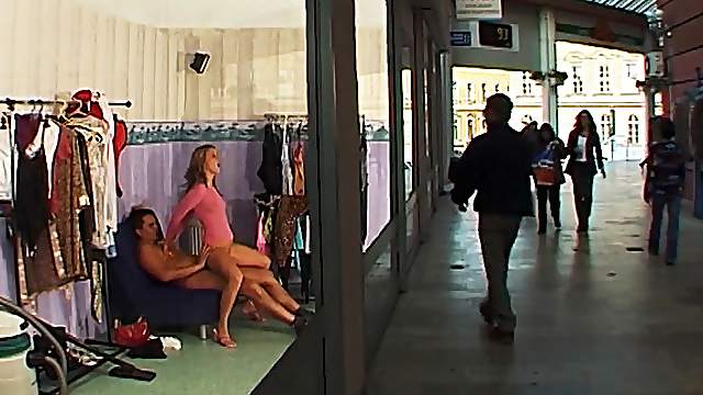 Rough anal sex with my beauty woman at the public shopping mall window