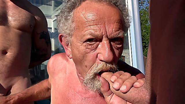 Gay threesome in outdoors between two younger man and one old perv