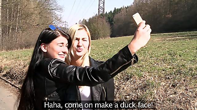 Slutty Lucy Li teases in outdoors and gets licked by her friend