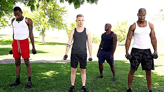 Skinny pale dude gets his mouth and ass fucked by two black dudes