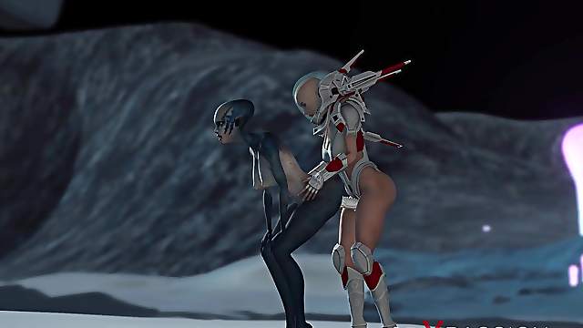 Hot sex on th exoplanet! An alien gets fucked by a spacewoman in spacesuit with strapon
