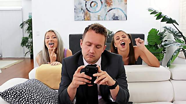 Emily Right and Gia Derza team up to have sex with one lucky guy
