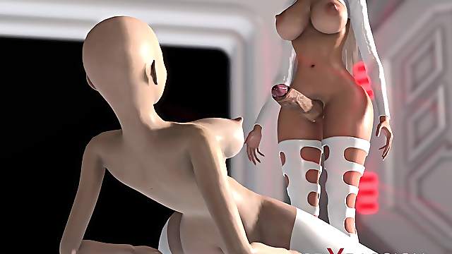 Sci-fi sex. 3d hot alien dickgirl plays with a sexy girl in the space station