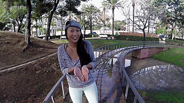 Outdoors POV video of sexy Sharon Lee giving head and flashing