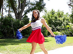 Horny cheerleader drops her panties and rides a rock hard dick