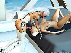 A sexy female adroid shemale plays with a young blonde in the space station