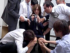 Hot Japanese coworker gets her pussy pleasured and sucks lot of cocks