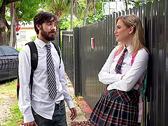 Naughty college babe Blake Blossom moans while riding a large cock