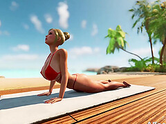 Futanari big tits babes having foursome sex on a beach in a3d animation