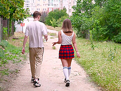 Brunette Hazel Grace wearing a miniskirt getting fucked hard