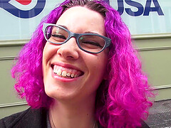 Violet with pink hair enjoys while sucking her man's cock