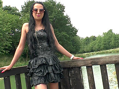 Brunette chick Johanna gets surprised with two dicks outdoors
