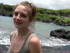 Brunette Kyler Quinn enjoys while giving a blowjob on the beach