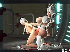 Super hot gamer girl gets hard anal fuck with a sexy futanari in the sci-fi prison