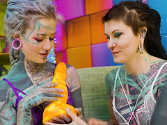 Two tattooed girls get ass fucked by a big dick