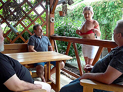 Outdoor group dicking on the sofa with Bianca and Katy Candy
