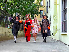 Lots of foxy babes drop their costumes for amazing lesbian orgy